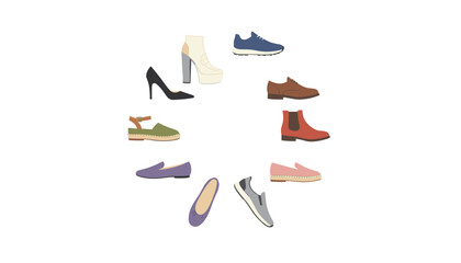 Obraz premium Variety of colorful shoes arranged in a circle including heels, boots, sneakers, loafers and espadrilles.