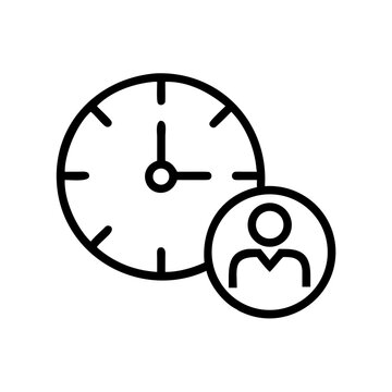 Time management line icon with clock face and person profile symbol.