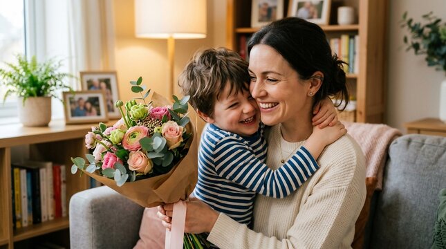 Happy young mother hugging her loving little son while receiving a beautiful flower bouquet at home on Mother's Day