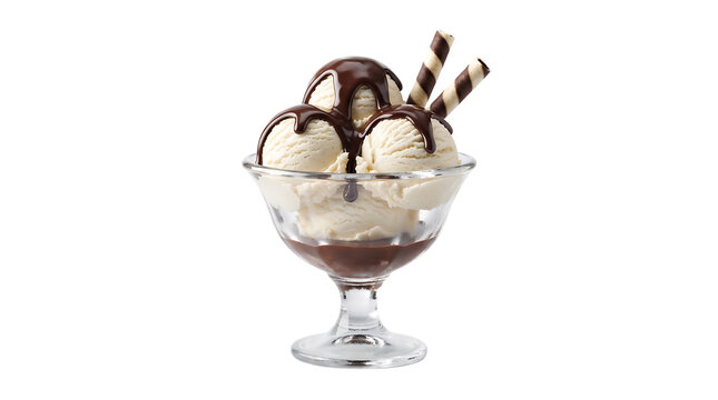 Vanilla ice cream sundae with chocolate sauce. Sweet dessert on a isolated transparent background png