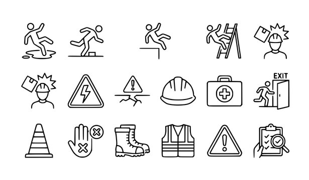 Professional Workplace Safety Line Icon Set with Falling Person Hazard Warning and Risk Vector Collection