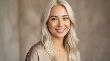 Naklejka premium A woman with blonde hair smiling, wearing a beige top and a gold necklace, standing in front of a neutral background.
