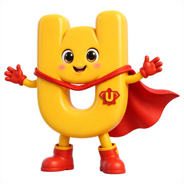 Cute 3D cartoon super hero letter U character with red cape and boots. Perfect for kids education, alphabet learning games, and creative children's book designs. Vector asset ready for download.