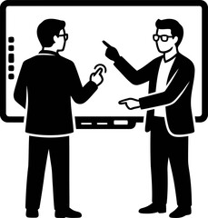 Fototapeta premium Two businessmen pointing at a digital whiteboard, presenting business ideas