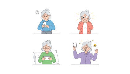 Fototapeta premium Cute cartoon character of an elderly grandmother using her mobile phone with various gestures and emotions.