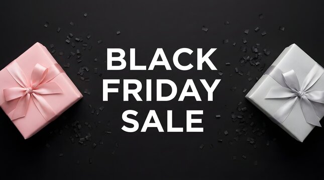Black friday sale banner with elegant pink and white gift boxes on black background