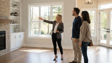 Obraz premium A real estate agent points toward a window while touring a couple through an elegant living room with a stone fireplace, built-in shelving, and glass doors, a crystal chandelier hanging