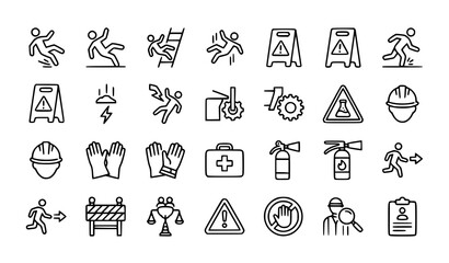Fototapeta premium Occupational Safety Outline Icon Collection with Falling Person Hazard and Workplace Warning Vector