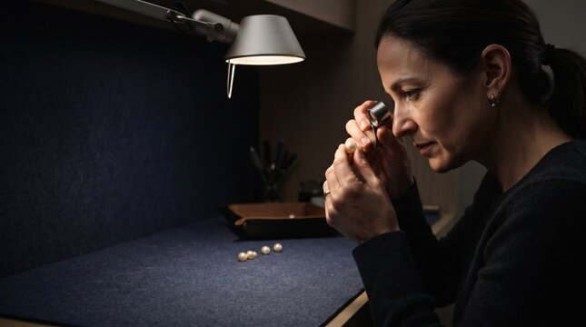 Pearl specialist checks nacre in a focused grading alcove