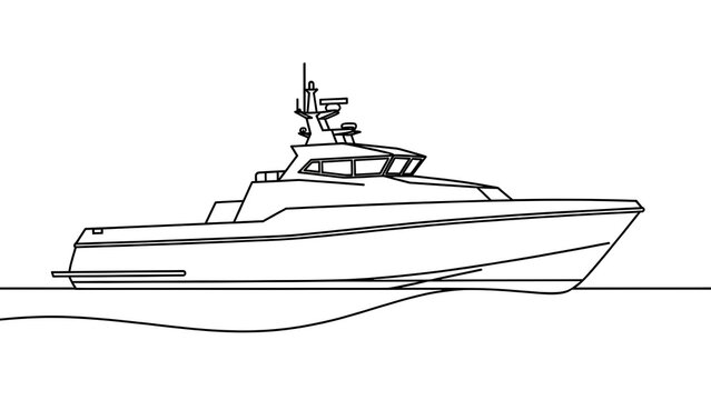 Military patrol boat line drawing white background.