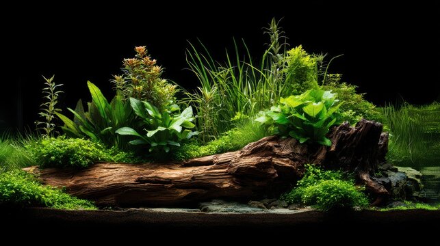 Freshwater aquascape with lush green aquatic plants and driftwood. Ideal for aquaria design and nature.