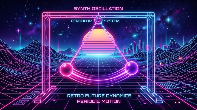 Neon synthwave pendulum oscillating over a digital retro landscape