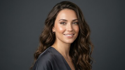 Fototapeta premium A woman with long, wavy brown hair wearing a black top, standing against a dark gray background.