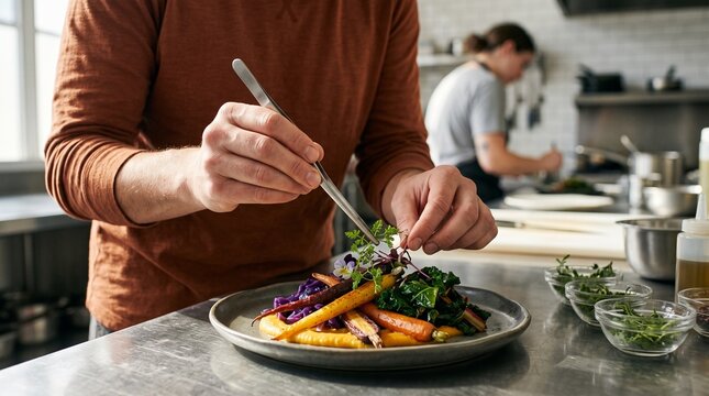 Culinary student adds herbs to a colorful plated entree