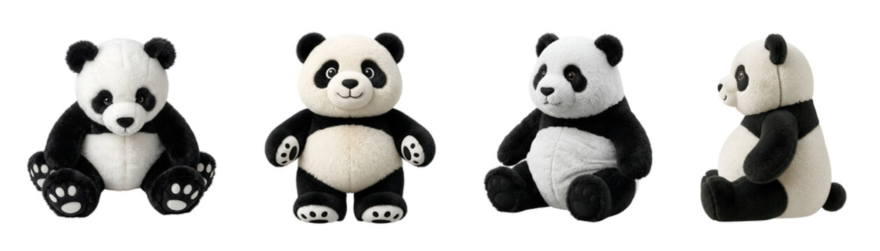 Fluffy black and white panda teddy bears captured in four different poses and angles presented professionally on transparent background