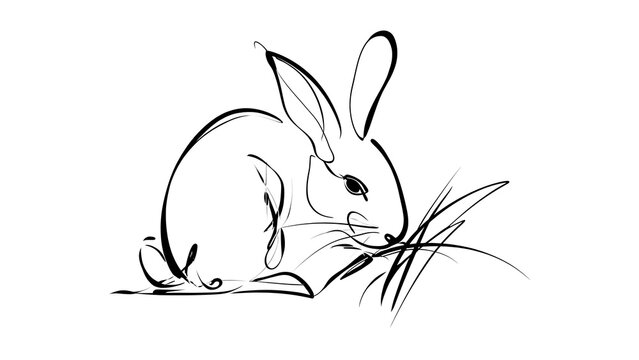 Rabbit eating grass illustration white background.