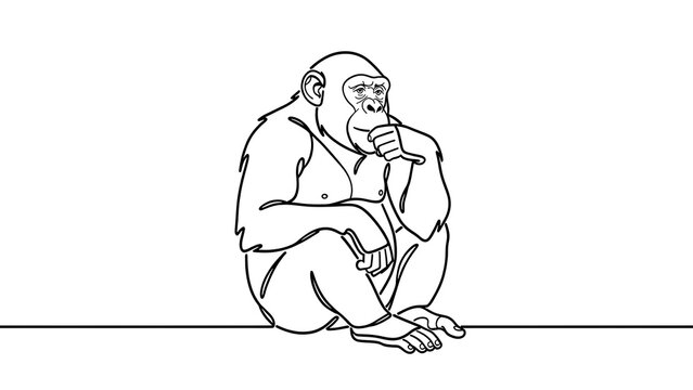 Thinking gorilla illustration on white background.