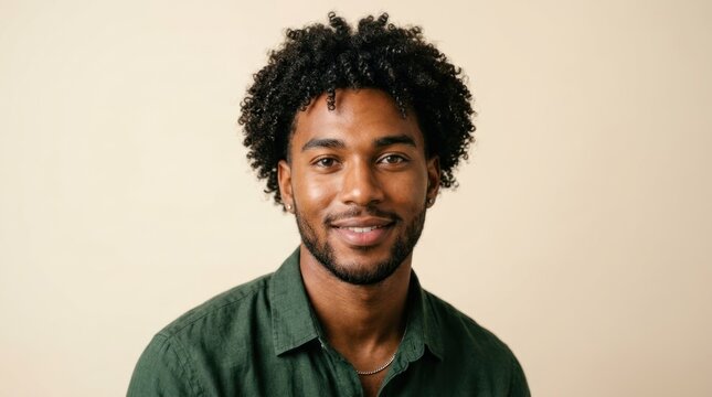 A man with curly hair wearing a green shirt, standing against a beige background.