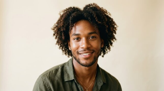 A man with curly hair wearing a green shirt, standing against a plain background.