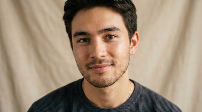 A man with dark hair wearing a gray shirt, standing in front of a beige background.