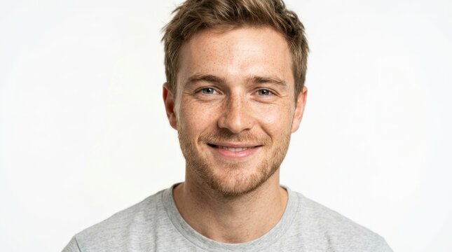 A man with short hair wearing a gray t-shirt, standing against a white background.