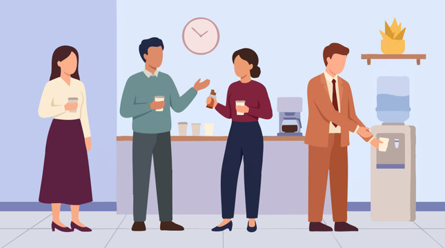 Coworkers on a break, drinking coffee and chatting in office pantry