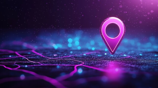 location Digital Grid Map with Floating Pin A holographic projection of a digital grid map with a rotating location pin, symbolizing augmented reality navigation, interactive maps, or futuristic