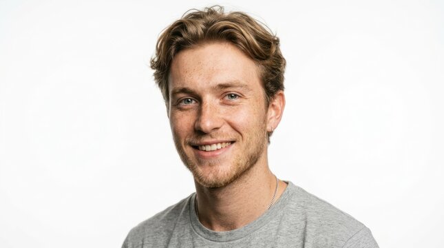 A young man with blonde hair smiling, wearing a gray t-shirt, standing against a white background.