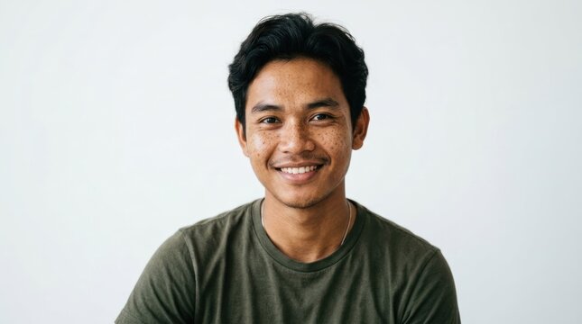 A young man with dark hair and a green shirt, smiling and looking at the camera.