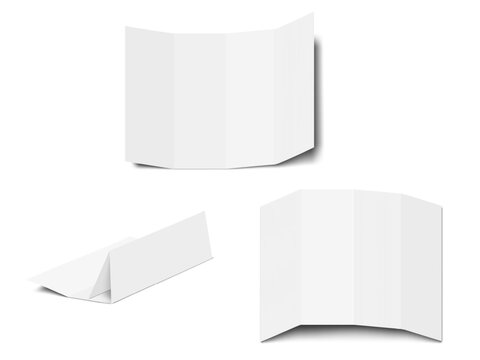 Blank white double gate fold card. Front, back side. Realistic mockup. Open 4 panel 8 page gatefold brochure, presentation, event invitation. 3d vector mock-up. Template for design