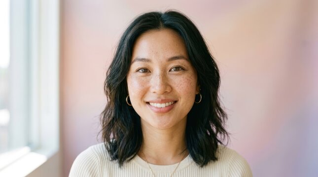 A woman with shoulder-length black hair, wearing a white sweater, standing in front of a window with a pink and purple background.