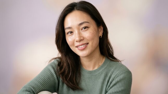 A woman with long dark hair wearing a green sweater, sitting in a cozy, well-lit room with a soft, pastel-colored background.