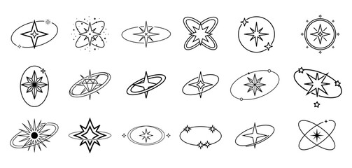 Orbit Sparkle Flat Line Art Icons Collection Black Vector Set Isolated on PNG Background, orbit sparkle, sparkle, sparkle icon, star, star icon, twinkle, shine, glow, glitter, glint, celestial,  © TalalAhmad