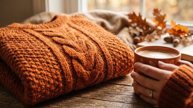 Cozy Autumn Scene With Knitted Sweater Hot Coffee And Fall Leaves On Wooden Table