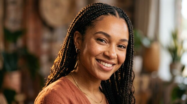 A woman with braided hair smiling in a cozy, boho-style room with plants and wooden furniture.