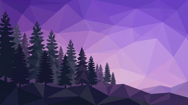 Purple geometric forest landscape at dusk with polygonal trees and sky
