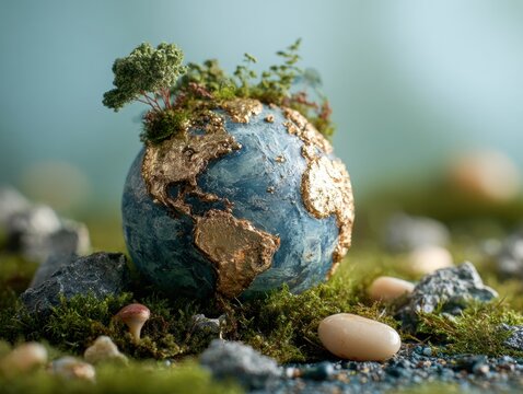 A miniature globe displaying a sustainable world with lush greenery and golden continents. Earth Day.