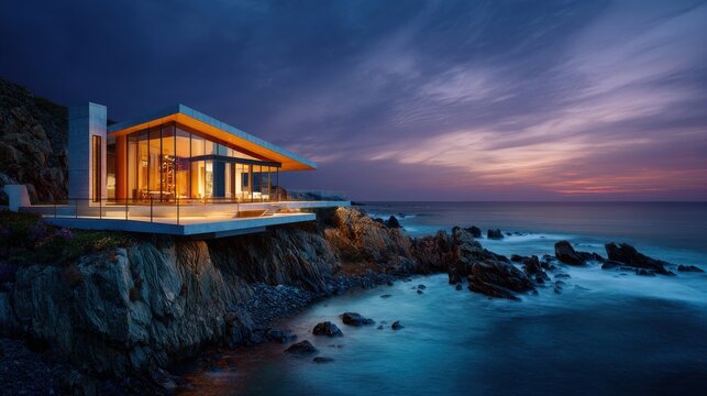 A modern house on a rocky cliff by the ocean at dusk. Luxury real estate concept for design.