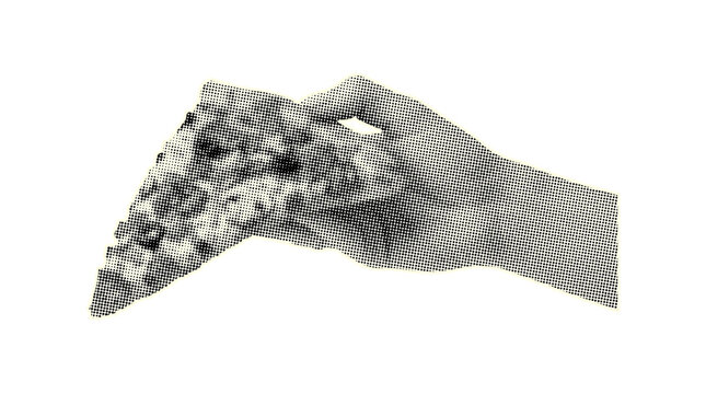 Monochrome halftone hand holding a slice of loaded supreme pizza on transparent background. 