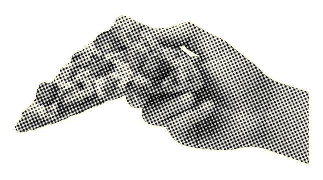 Monochrome halftone hand holding a slice of loaded supreme pizza on transparent background. 