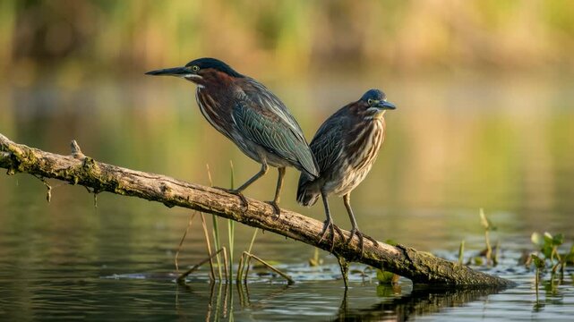 two green heron close up at morning light in florida everglades usa video