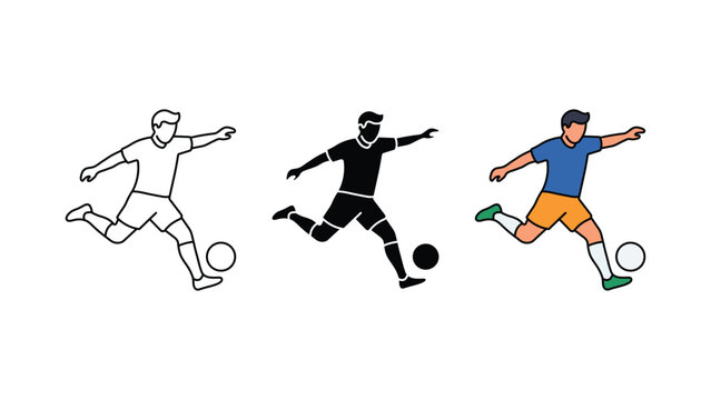 Soccer player kicking ball icon set outline silhouette and color vector isolated on white background