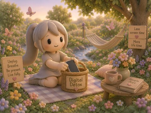 Cute 3D Clay Girl Practicing a Digital Detox in a Peaceful Garden