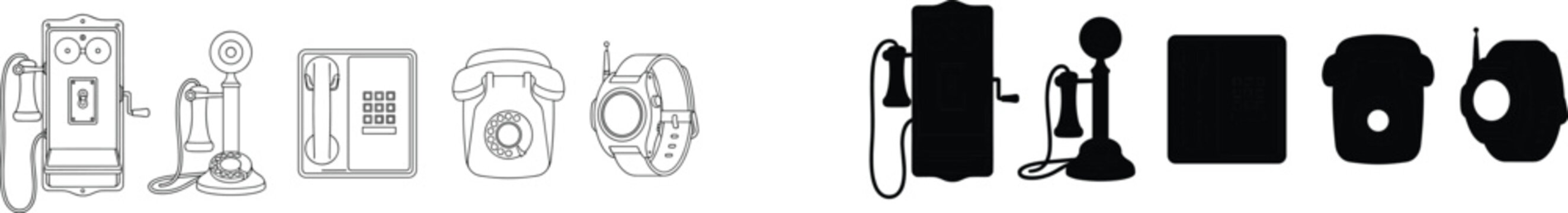 Evolution of telephones and communication devices outline and solid black silhouette vector illustration set