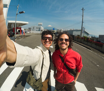 Two Friends Wide Angle Selfie Near Mount Fuji