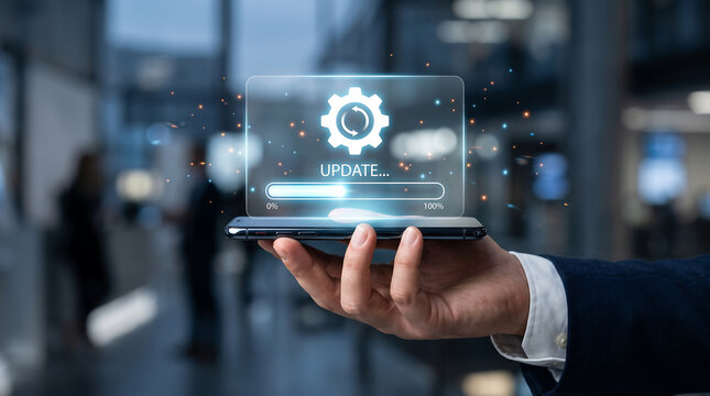 Smartphone software update progress bar showing on holographic screen held by businessman in office setting depicting system maintenance and digital technology upgrade.