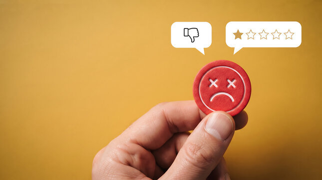 Hand holding red sad face token with dislike and low star rating icons feedback dissatisfaction customer experience negative consumer evaluation complaint