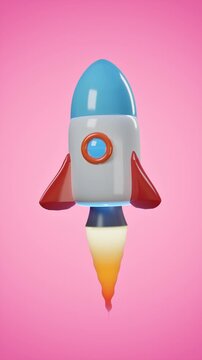 Colorful rocket launch on pink background. 3d rendering