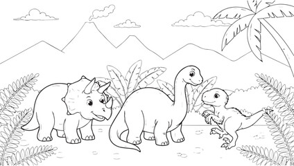 A charming scene of dinosaurs in a prehistoric landscape with mountains and palms © Outline Icon Set