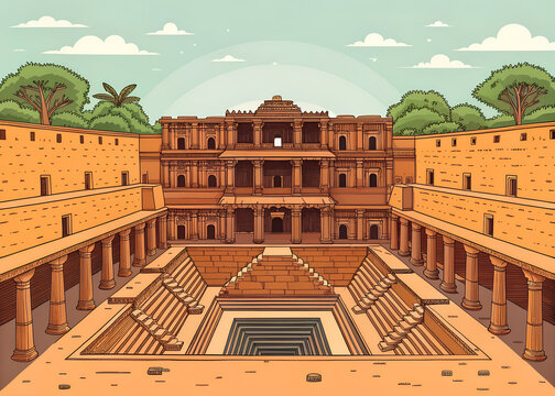 Rani Ki Vav stepwell, modern premium vector illustration, rich colorful limited palette, symmetrical geometric perspective